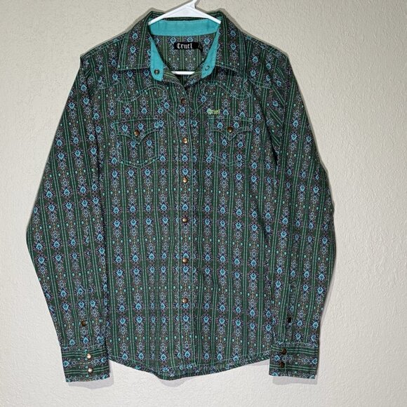 Cruel Denim® Ladies Western Blue & Green Button Down Shirt Large - Picture 1 of 16